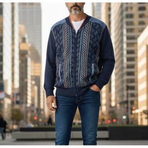 Stacy Adams Full Zip Blue Geometric Mens Pocket Cardigan Sweater Size Large